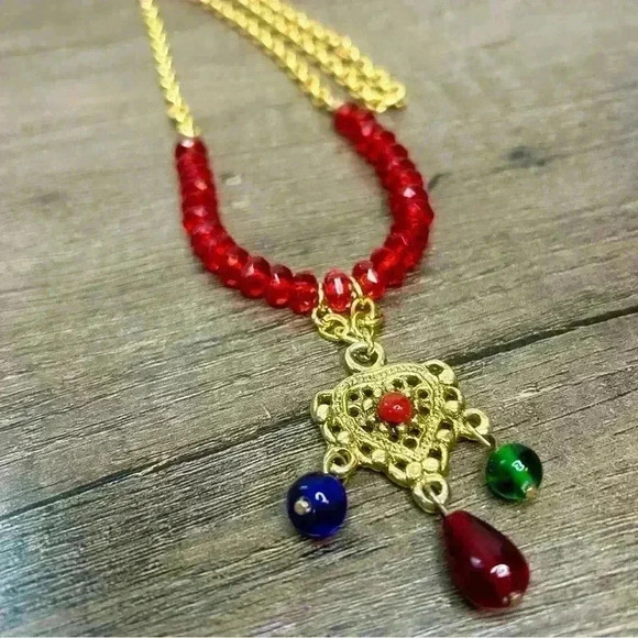 Long Gold Tone Chain Necklace with Red Beads and Pendant with Bead Accents - Picture 2 of 4
